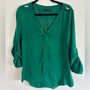 Zara Emerald Green V-Neck Stepped Hem Blouse | Size XL